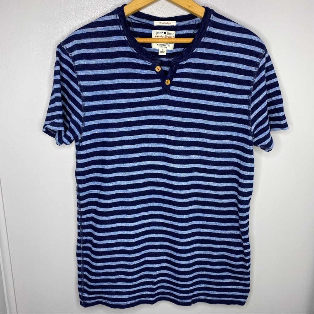 LUCKY BRAND Short Sleeve Blue Striped Henley Tee